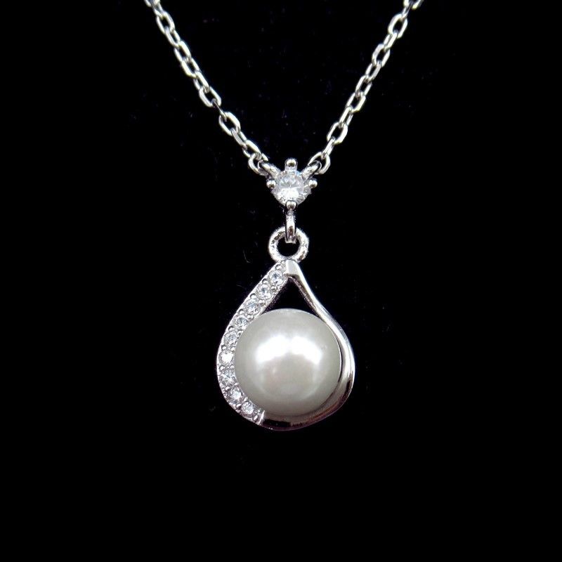 Adjustable Pearl Chain Necklace 925 White Gold Plated Silver Jewelry